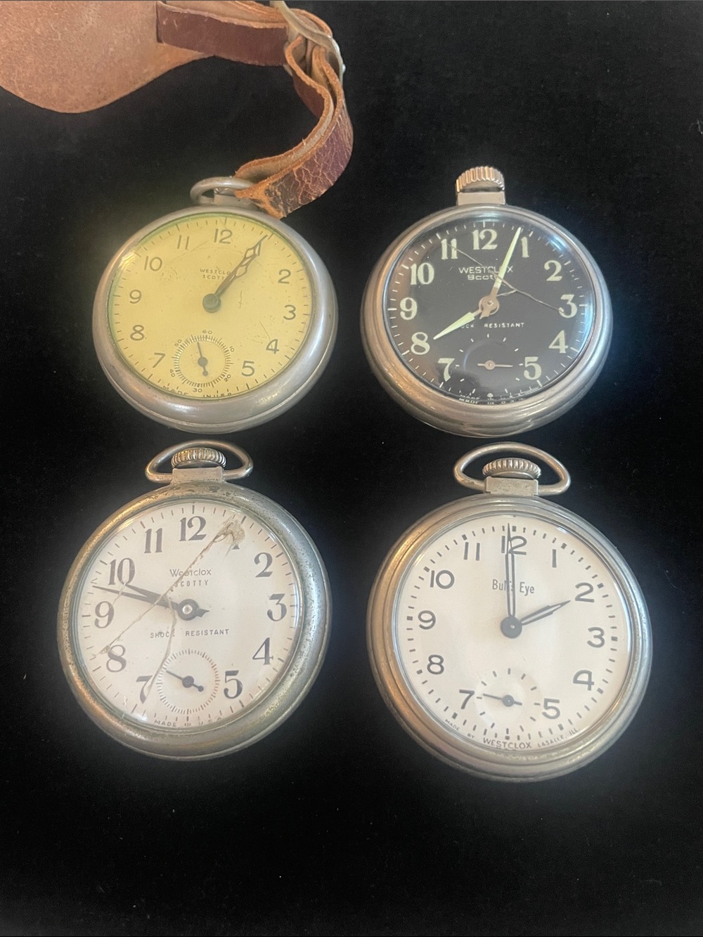 Set of 4 Vintage Pocket Watches, 3 Westclox Scotty & 1 Bullseye ALL RUN!
